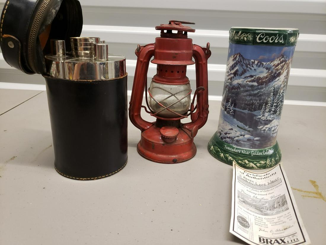 Bax Coors Stein, vintage lantern, German flask: Bax Coors Stein, vintage lantern, German flask