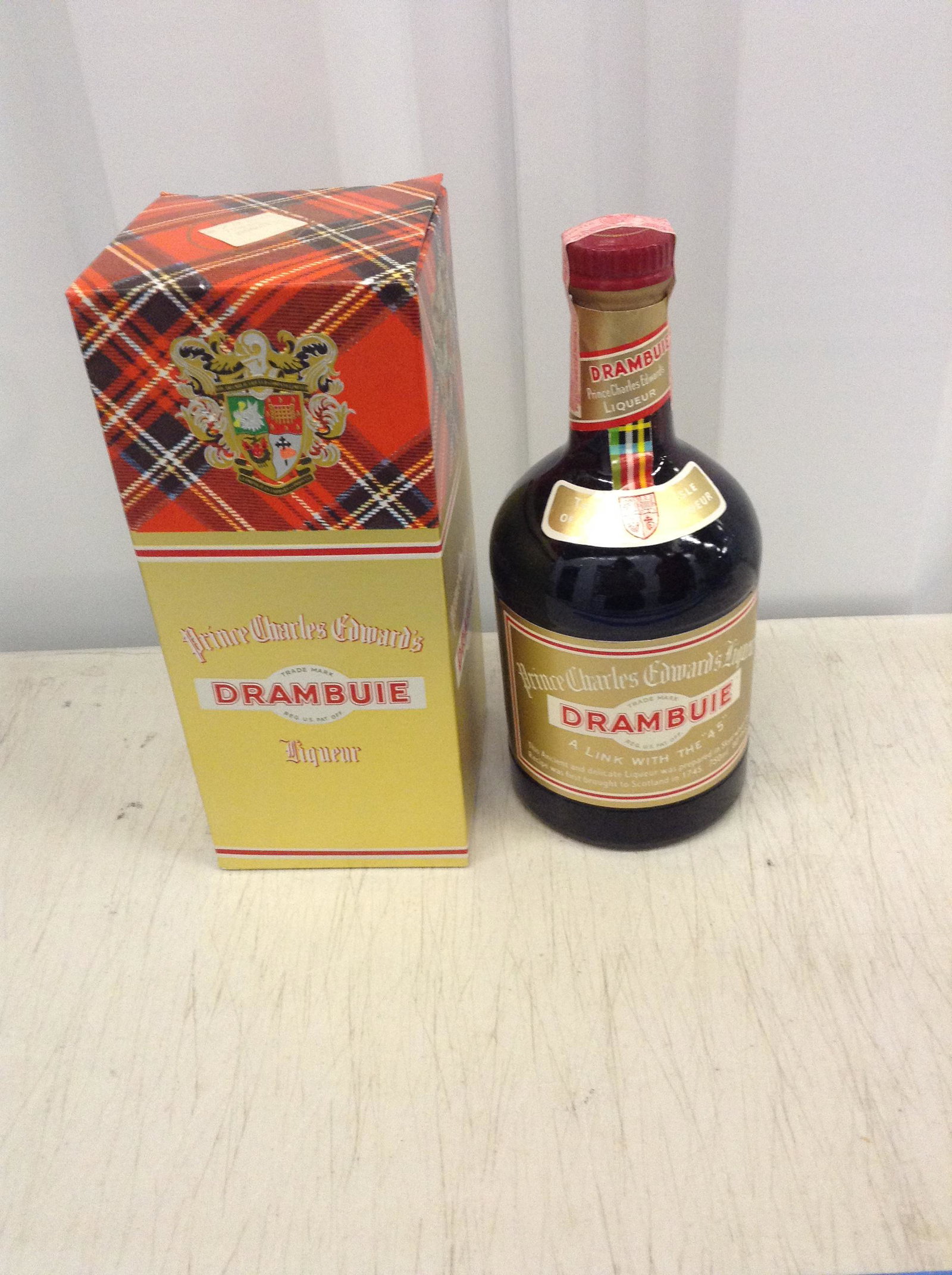 Prince Charles Edward Drambuie Liqueur 750ML With Box: Any contents in bottle is Free; You are bidding on the bottle & unbroken tax stamp