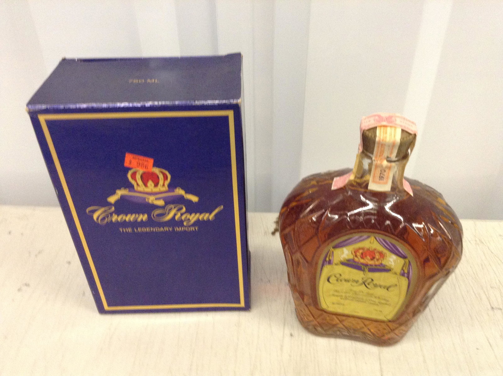 1950's Crown Royal Liquor 750 ML With Box: Any contents in bottle is Free; You are bidding on the bottle & unbroken tax stamp