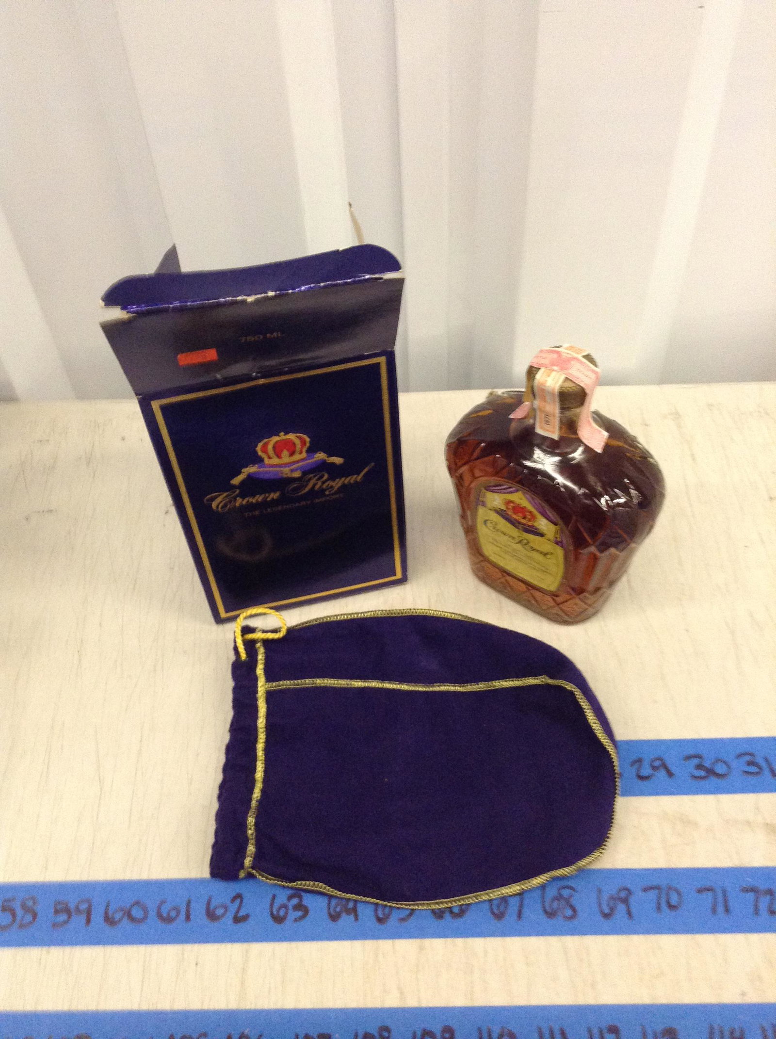 1950's Crown Royal Liquor 750 ML With Box With Velvet: Any contents in bottle is Free; You are bidding on the bottle & unbroken tax stamp
