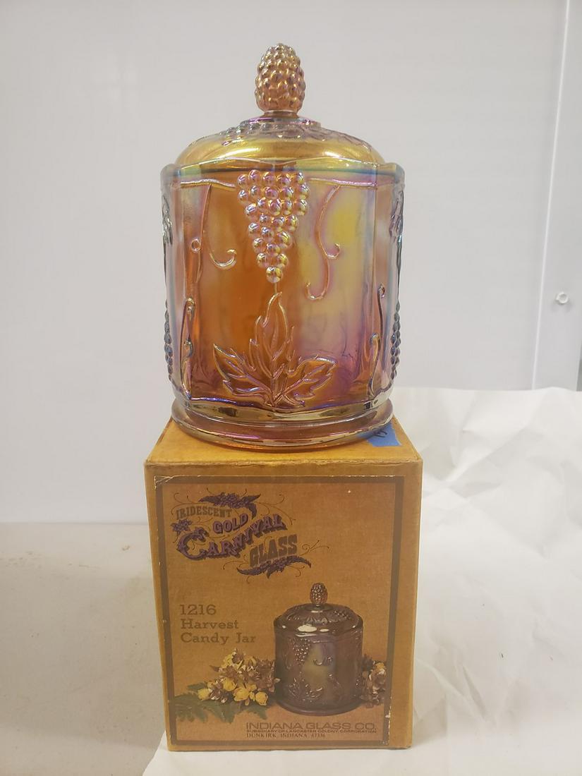 Gold Carnival glass - 1216 Harvest candy jar with: Gold Carnival glass - 1216 Harvest candy jar with originial box