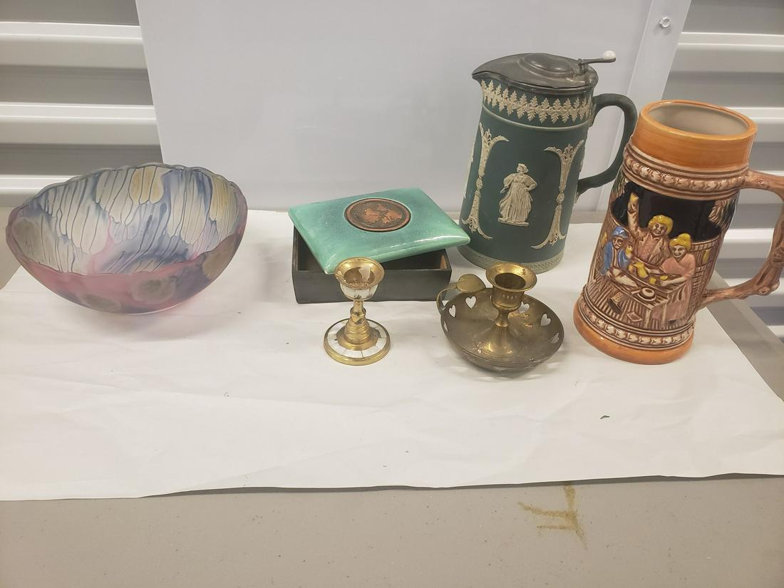 Lot of steins, brass candle holders, early box, and (1 of 1)