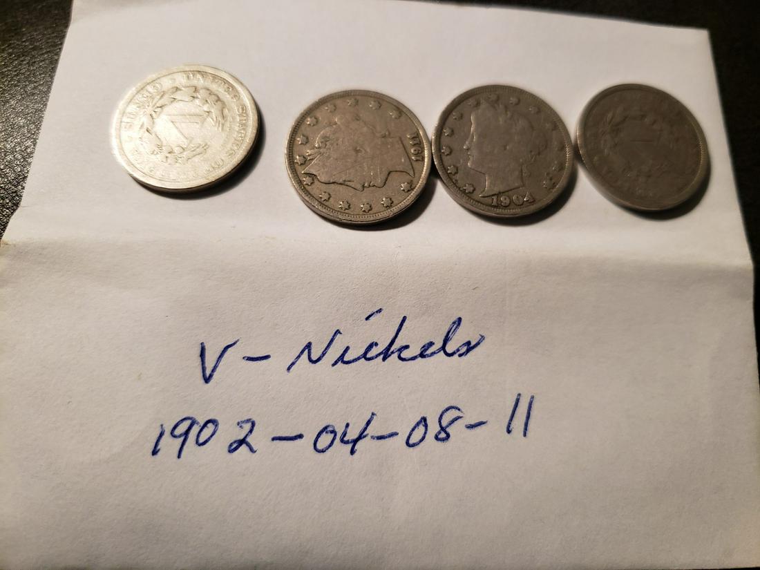Lot of 4 V-Nickels from 1902 - 1904 - 1908- 1911: Lot of 4 V-Nickels from 1902 - 1904 - 1908- 1911