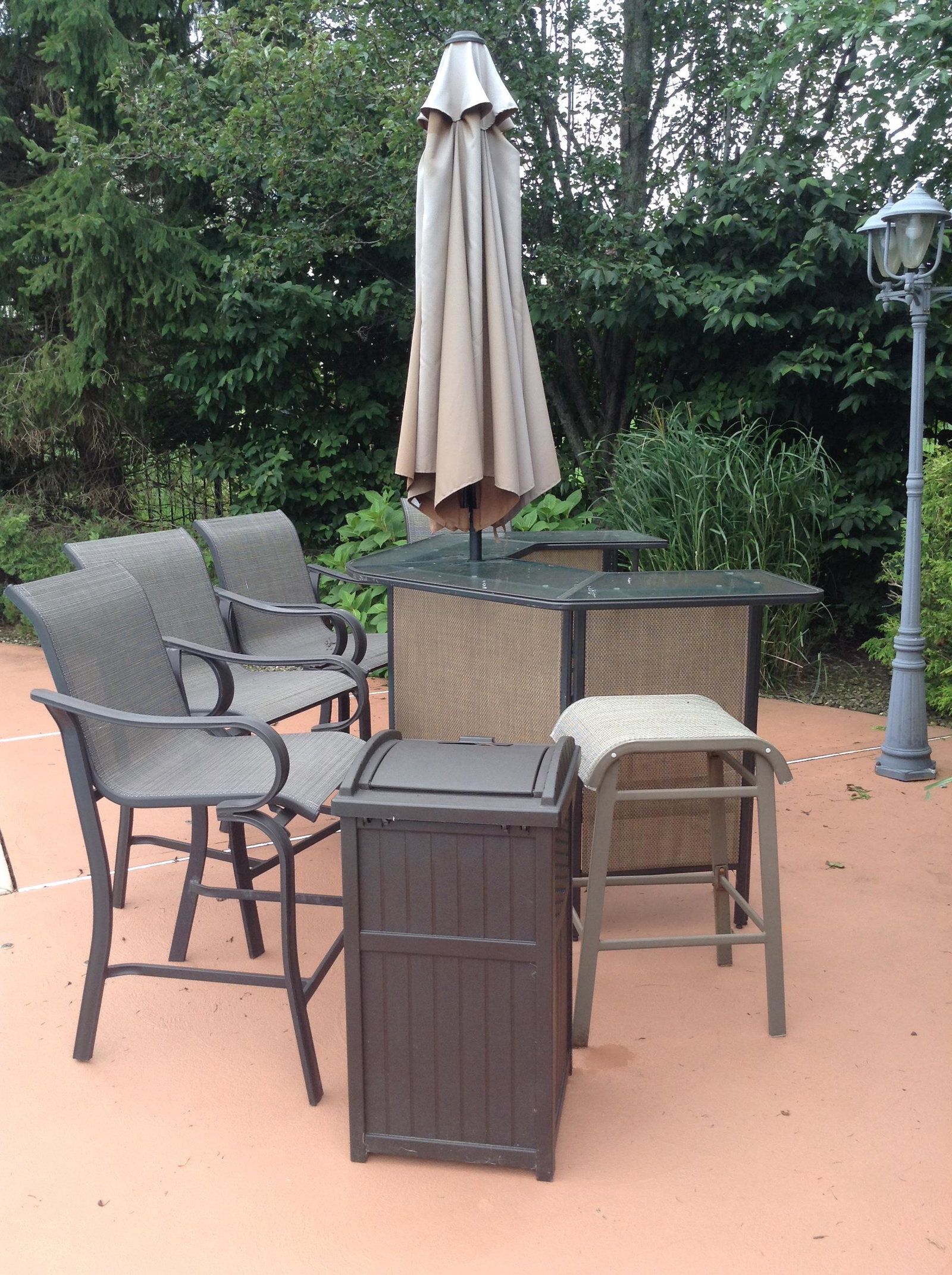 allium framed pool side bar, trashcan, stools 63": allium framed pool side bar, trashcan, stools 63"