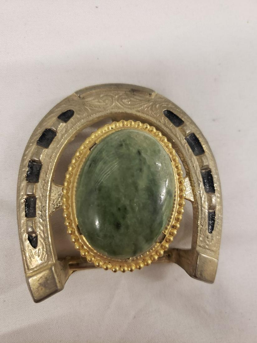Large silver and emerald and gold tone belt buckle (1 of 1)