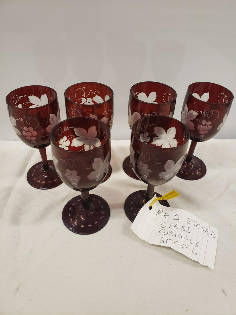 Set of 6 red etched Glass cordials: Set of 6 red etched Glass cordials