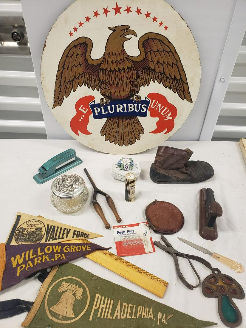 Lot of vintage/antique smalls including pennants, and: Lot of vintage/antique smalls including pennants, and more