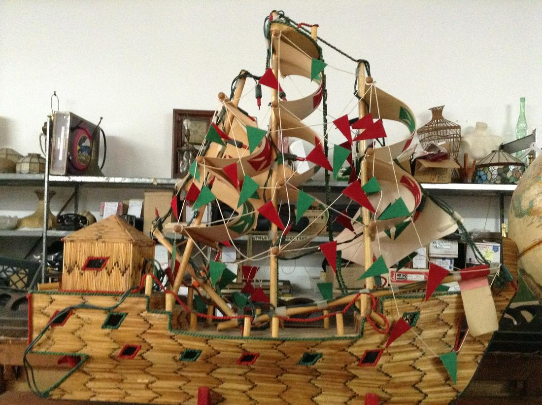 vintage boat made out of match sticks with stand: vintage boat made out of match sticks with stand