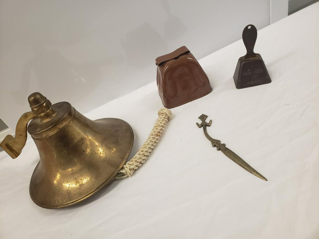 Lot of vintage bells and brass letter opener: Lot of vintage bells and brass letter opener