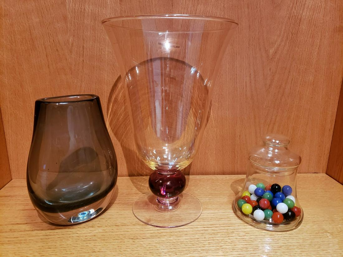 Glass vase from Poland, bottle of marbles, solid glass: Glass vase from Poland, bottle of marbles, solid glass vase