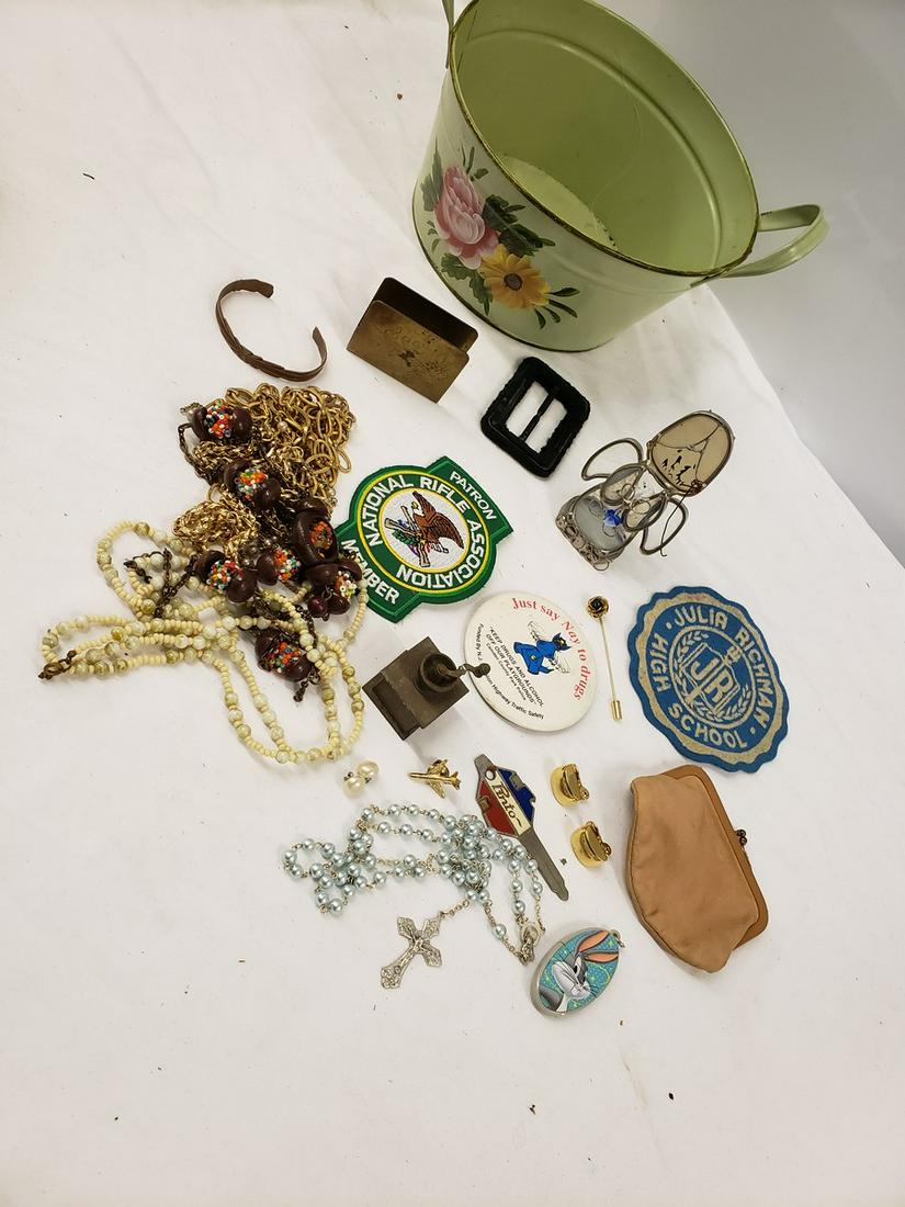 Lot of vintage smalls - costume jewelry, patches,: Lot of vintage smalls - costume jewelry, patches, copper bracelet, and more