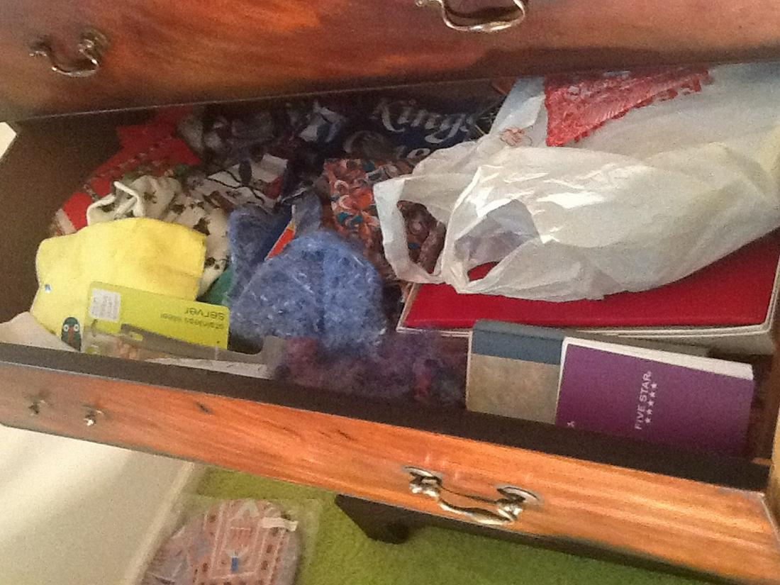Drawer full of knitting materials: Drawer full of knitting materials