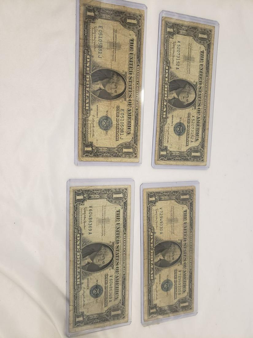 3 1957B and one 1935H blue one dollar silver: 3 1957B and one 1935H blue one dollar silver certificates