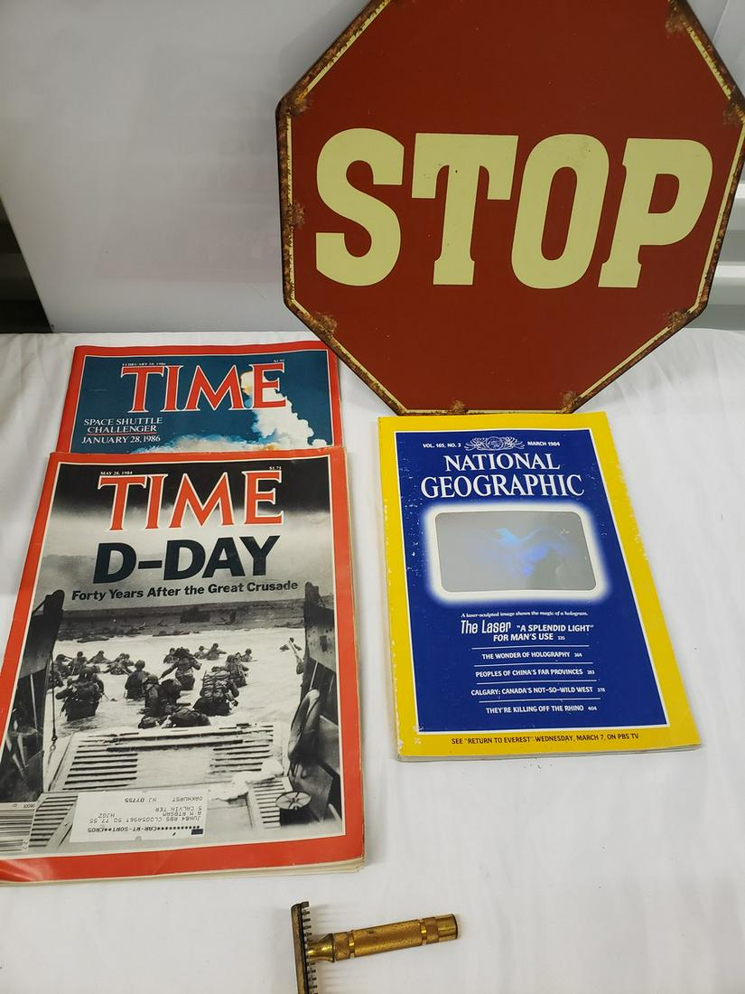 Lot of vintage Time magazines, stop sign, vintage razor: Lot of vintage Time magazines, stop sign, vintage razor