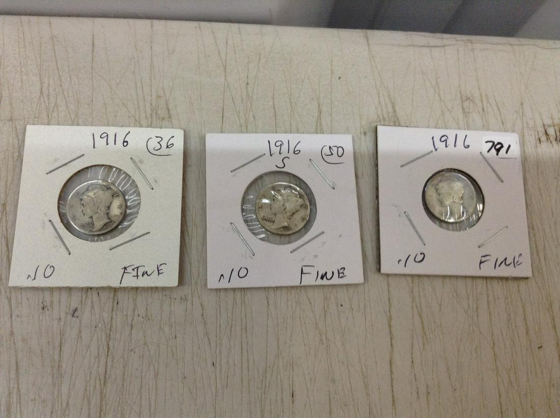 Lot of three 1916 S Mercury Barber Dimes (1 of 1)