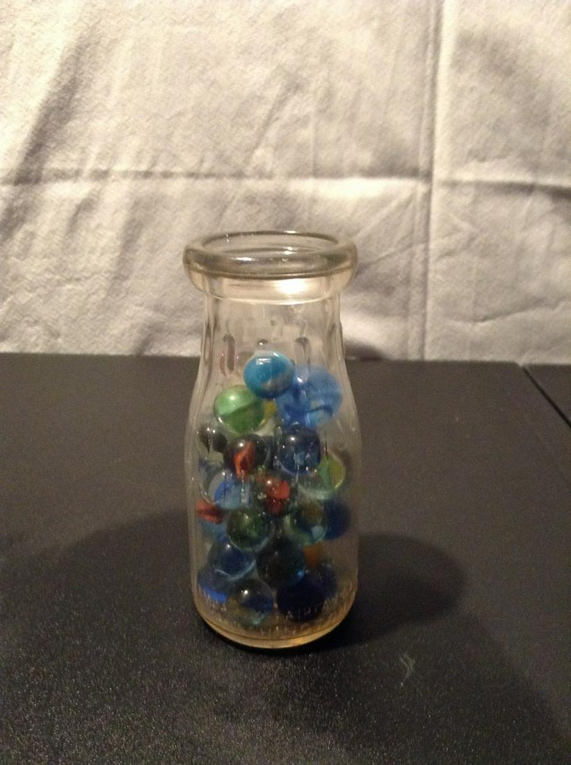 Embassy Fairfield Dairy jar full of vintage marbles: Embassy Fairfield Dairy jar full of vintage marbles