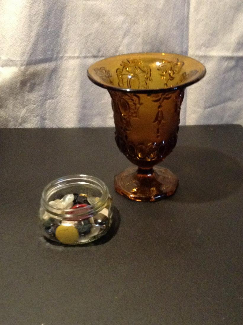 Amber compote and ball jar lid with vintage buttons: Amber compote and ball jar lid with vintage buttons