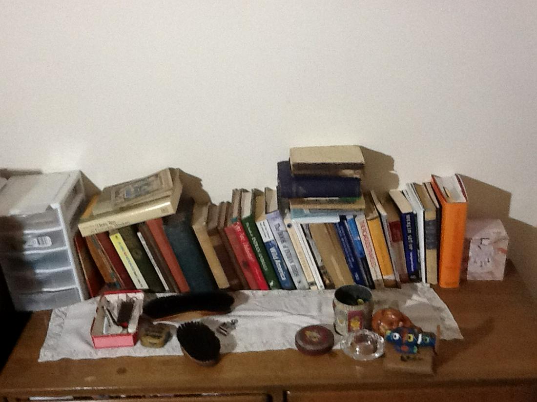 Contents of dresser - tin of vintage marbles, old books: Contents of dresser - tin of vintage marbles, old books and more