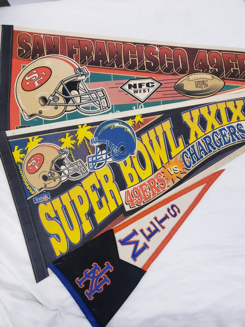 Lot of 3 sport pennants - San Francisco 49ers, Super: Lot of 3 sport pennants - San Francisco 49ers, Super Bowl XXIX, and NY Mets