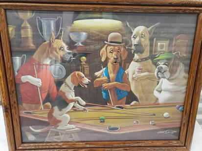 Framed Arthur Sarnoff print - Dogs playing pool: Framed Arthur Sarnoff print - Dogs playing pool