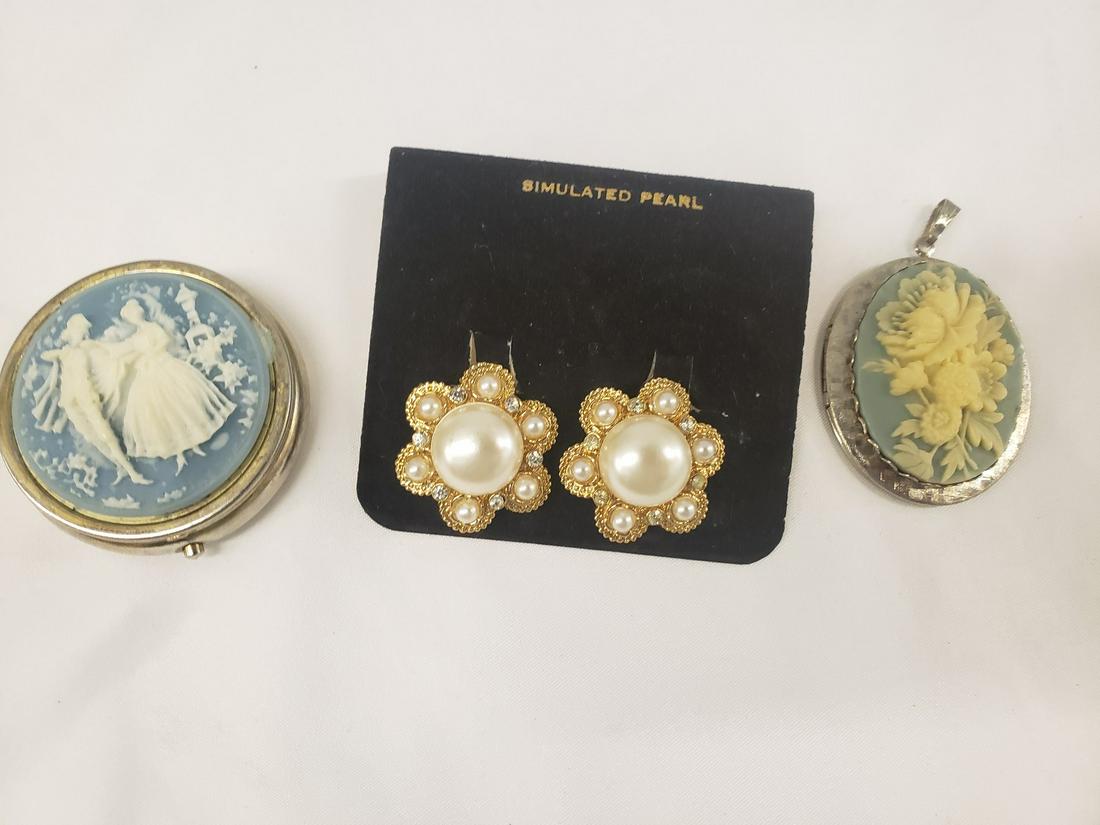 Vintage jewelry - cameo, pill box, and simulated pearl: Vintage jewelry - cameo, pill box, and simulated pearl clip on earrings