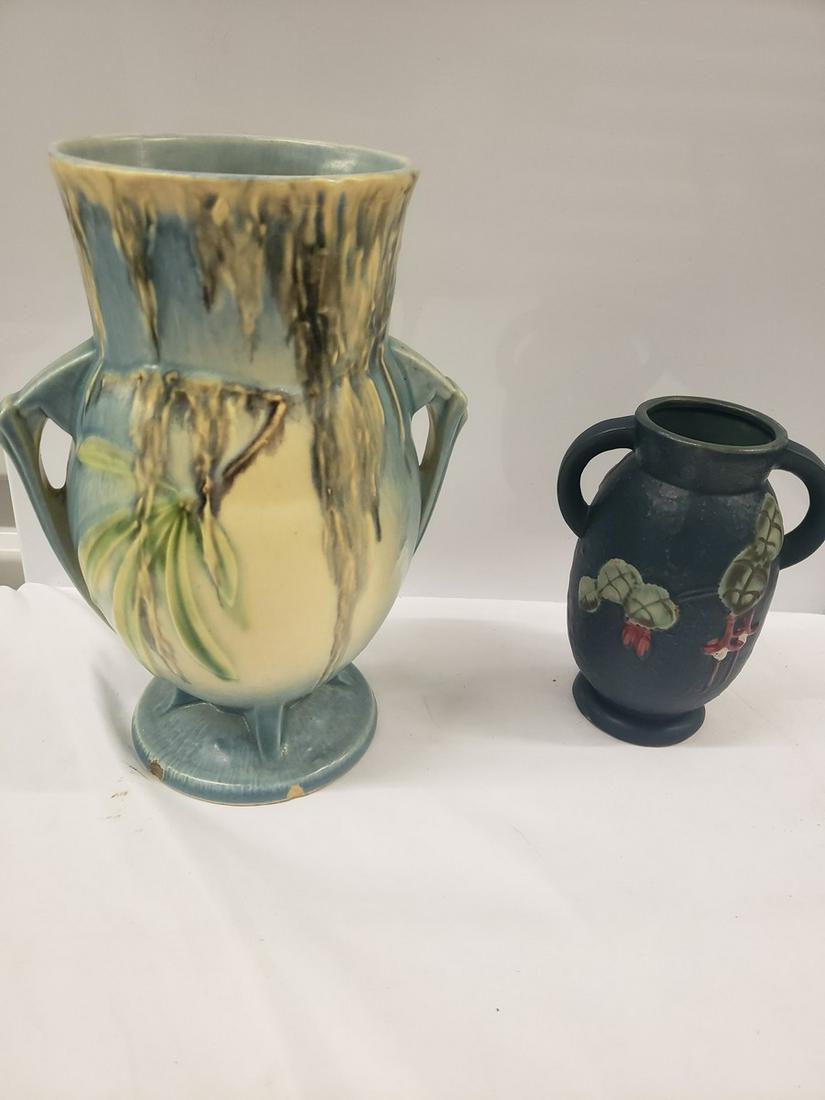 Two Roseville pottery vases - larger one chipped at (1 of 1)
