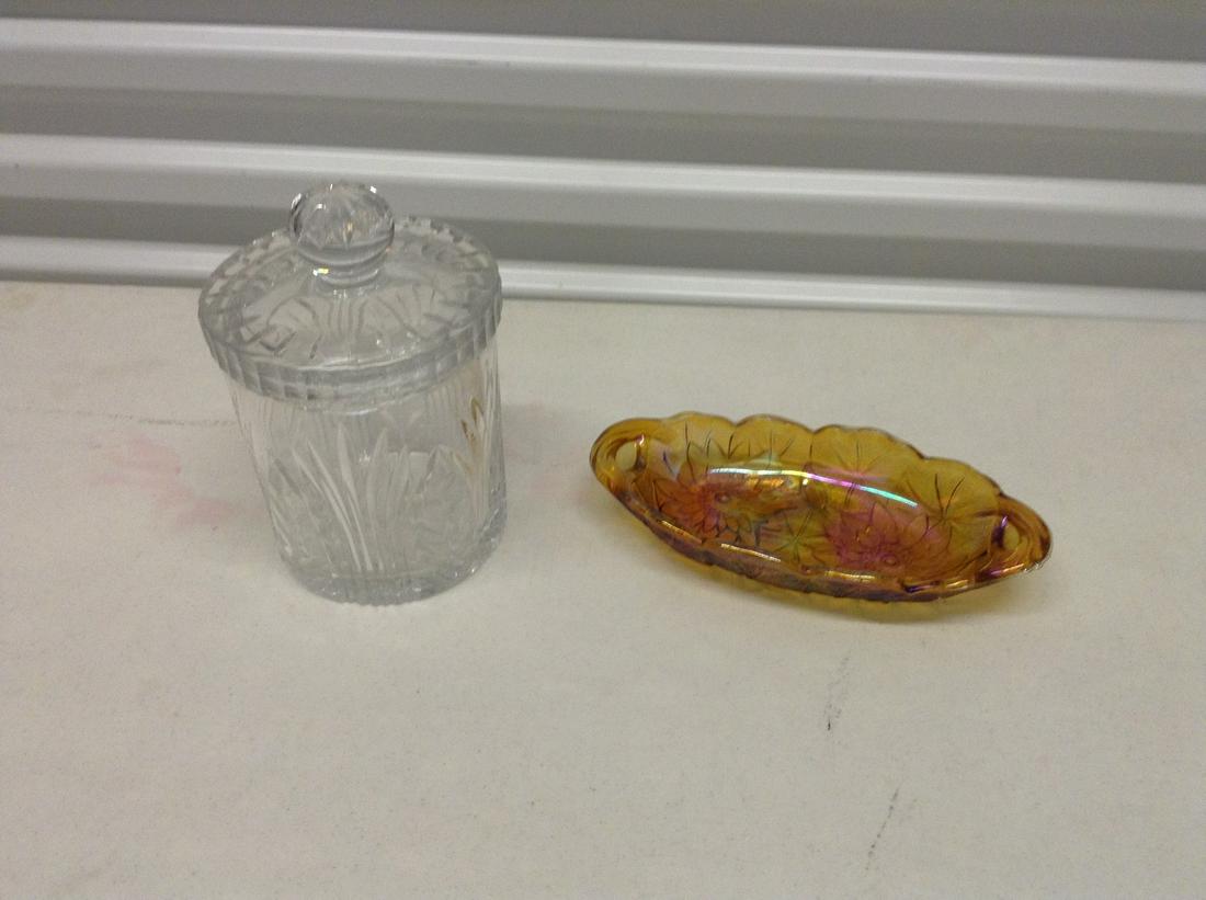 Carnival glass and large jar: Carnival glass and large jar