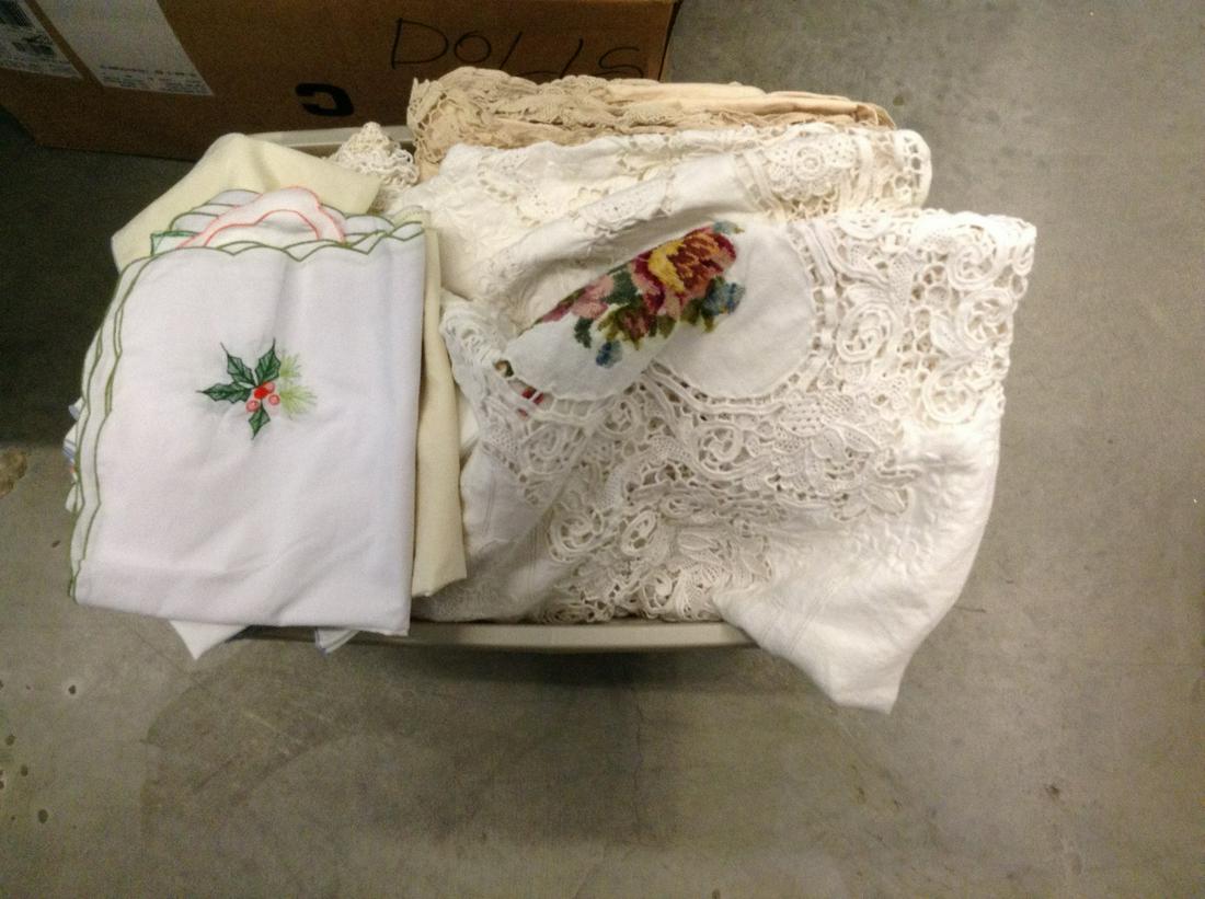 Tote full of vintage embroidered linens and more: Tote full of vintage embroidered linens and more