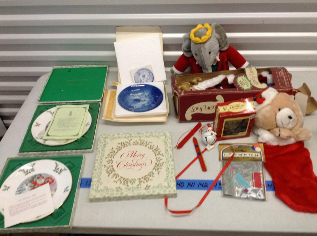 Lady Victoria Collectable Porcelain Doll, plates, and: Lady Victoria Collectable Porcelain Doll, plates, and Other Stuffed Animals