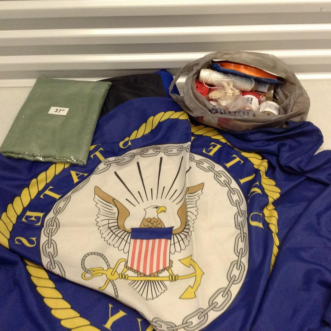 US Navy flag, bag of craft supplies and more: US Navy flag, bag of craft supplies and more