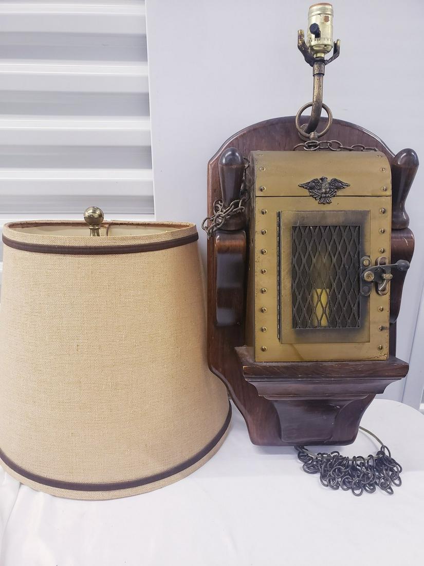 Antique wooden and tin wall hanging lamp it works box (1 of 1)