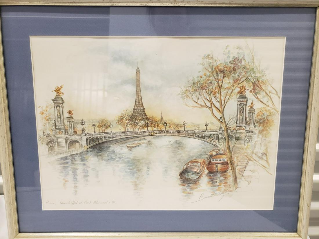 Framed/Signed drawing of Paris, Tour Eiffel et Port (1 of 1)