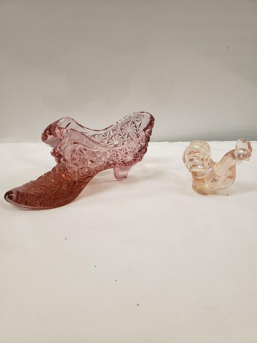 Pink Fenton shoe and rooster figurine (1 of 1)