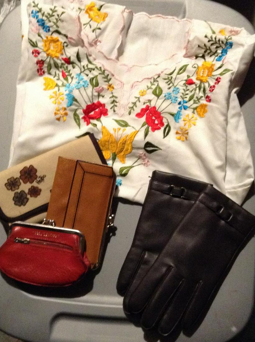 Handmade embroidered shirt vintage leather wallets and: Handmade embroidered shirt vintage leather wallets and rabbit fur lined gloves