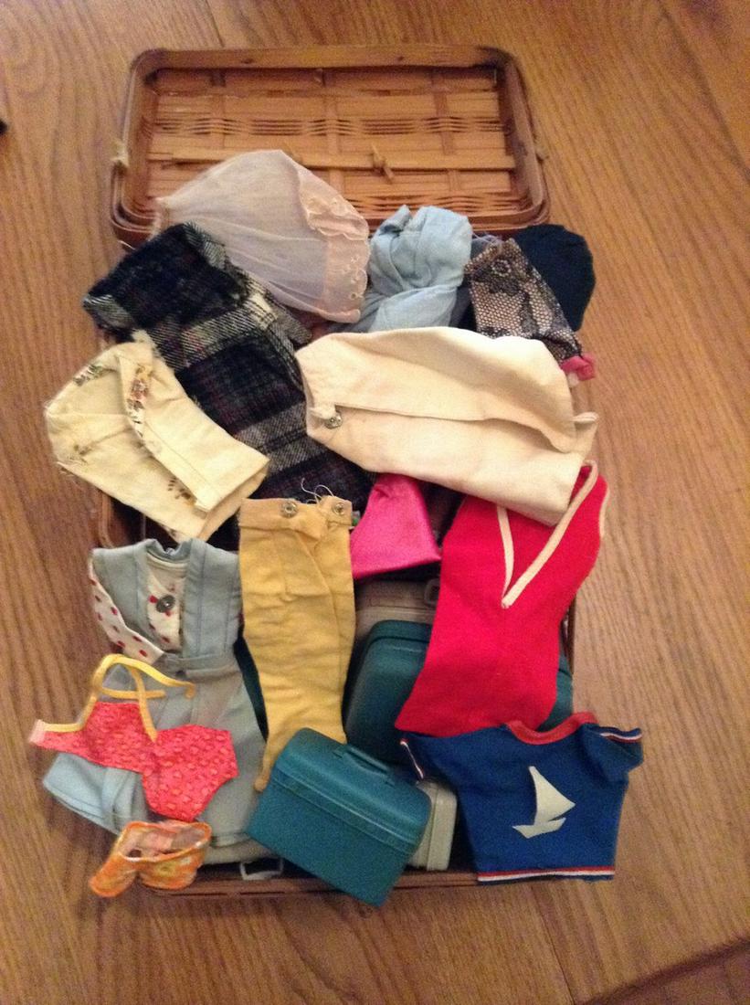 Sewing box full of vintage doll clothes and luggage - (1 of 1)