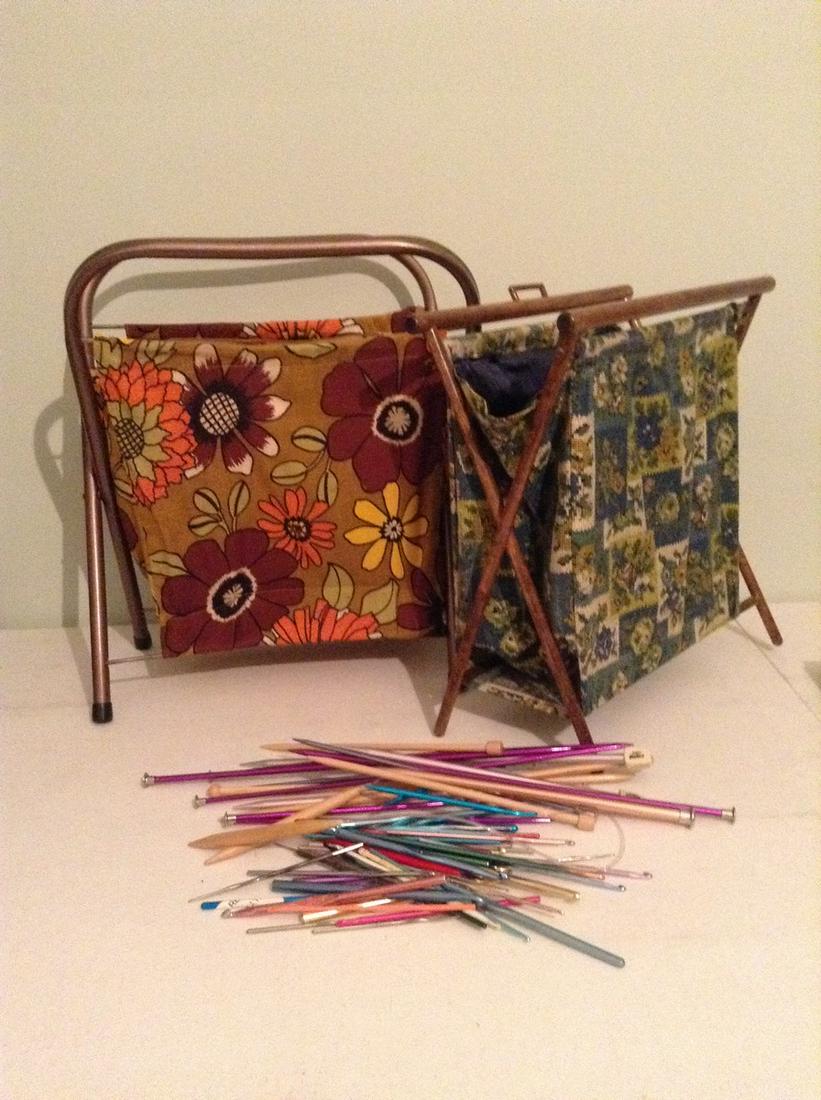 Knitting and crocheting needles and vintage folding: Knitting and crocheting needles and vintage folding knitting baskets
