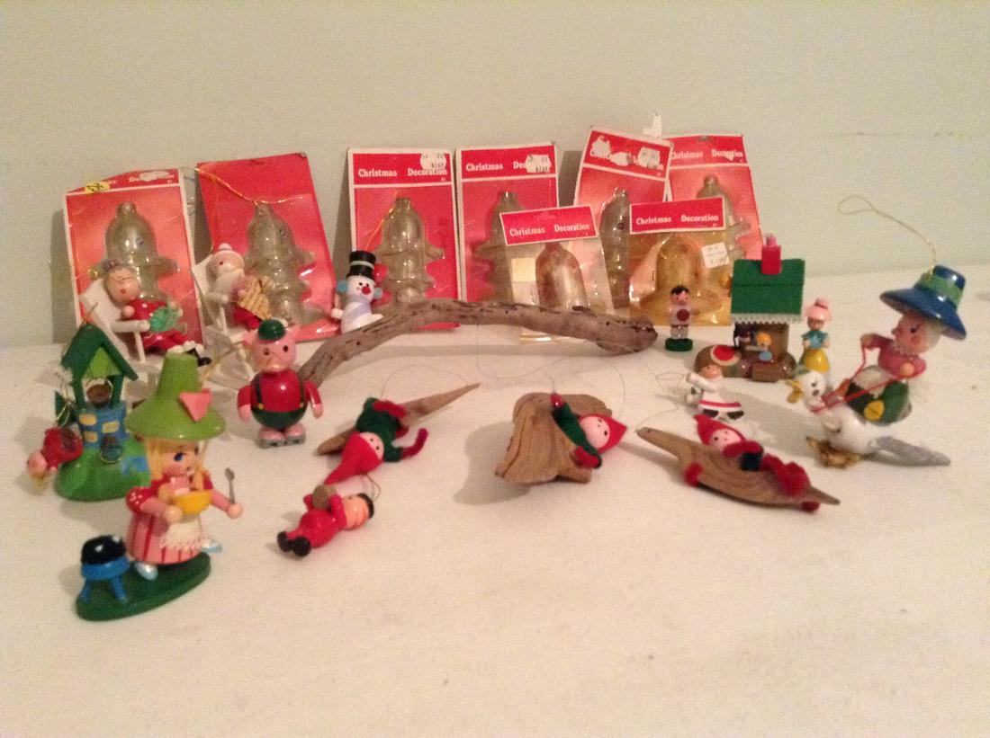 Vintage Kurt S Adler wooden ornaments, glass bells NOS: Vintage Kurt S Adler wooden ornaments, glass bells NOS and handmade elves on driftwood