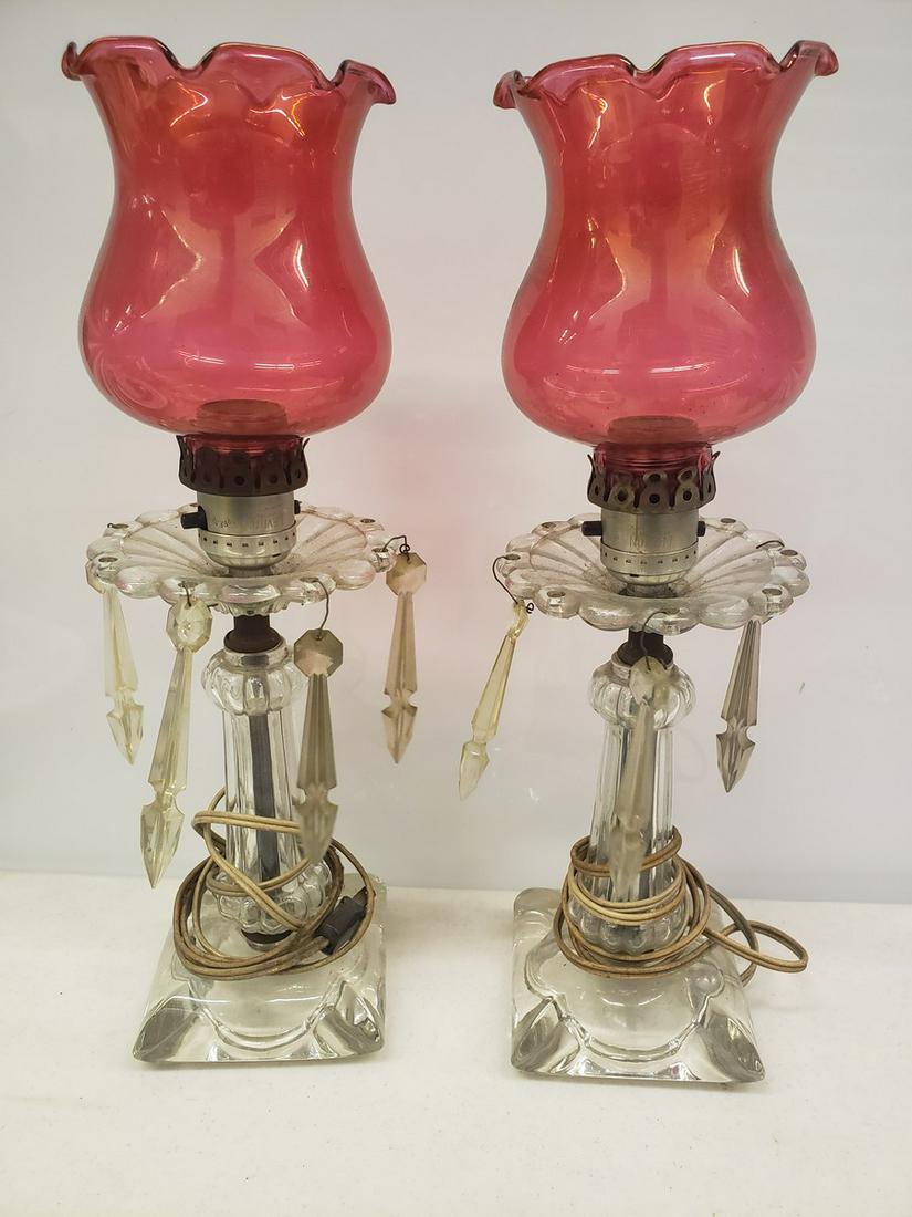 Pair of crystal lamps with red glass tops: Pair of crystal lamps with red glass tops