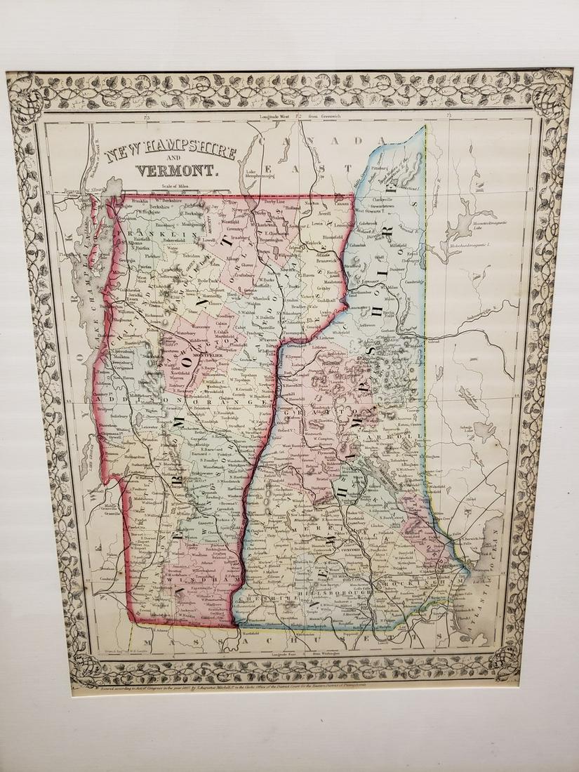 Framed 1867 New Hampshire and Vermont - Entered: Framed 1867 New Hampshire and Vermont - Entered according to Act of Congress in the year 1867 by S. Augustus Mitchell in the Clerks Office of the District Court for the Eastern District of Pennsylvani
