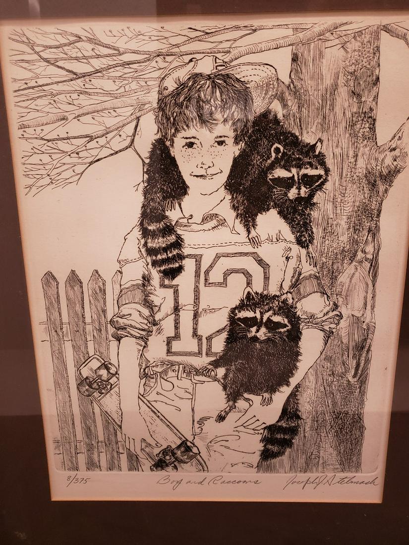 Framed Boy with Racoon etching by Joseph A Telmach - (1 of 1)