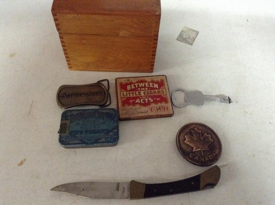 Wooden box with Belt Buckle, Knives, and Vintage Tins: Wooden box with Belt Buckle, Knives, and Vintage Tins