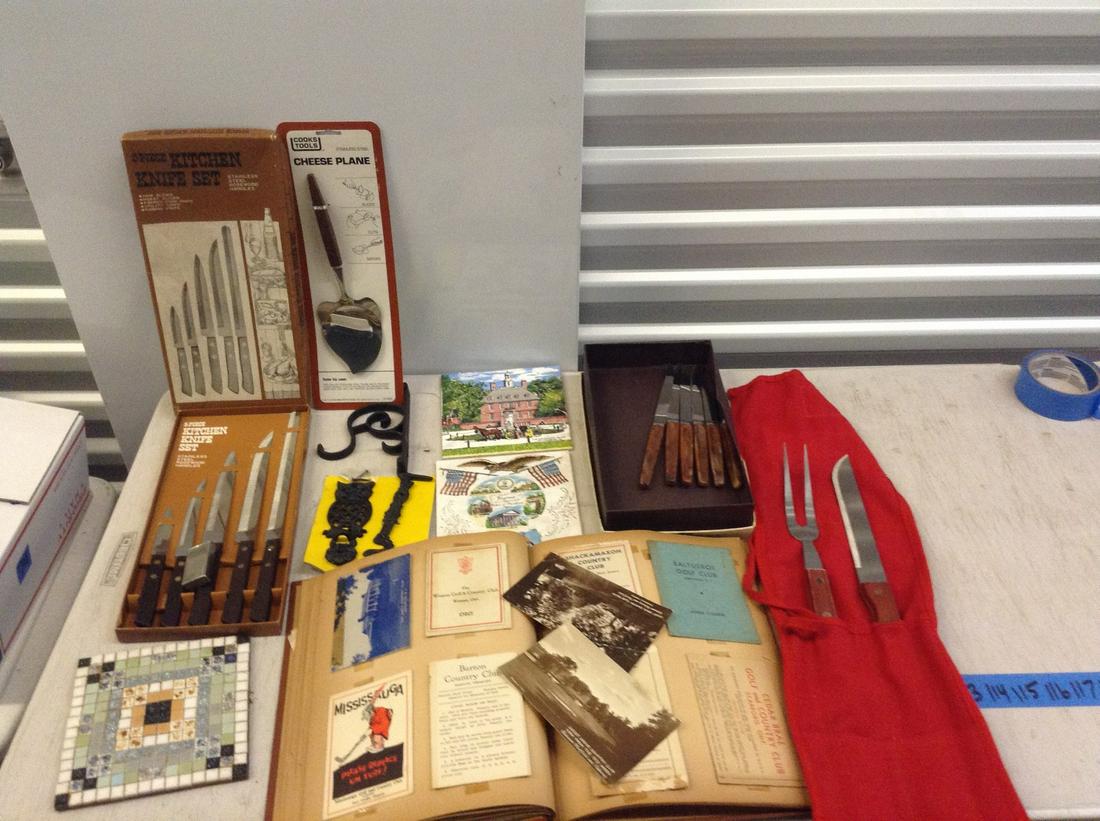 Scrap book with vintage golf course ephemera, knife: Scrap book with vintage golf course ephemera, knife sets and more