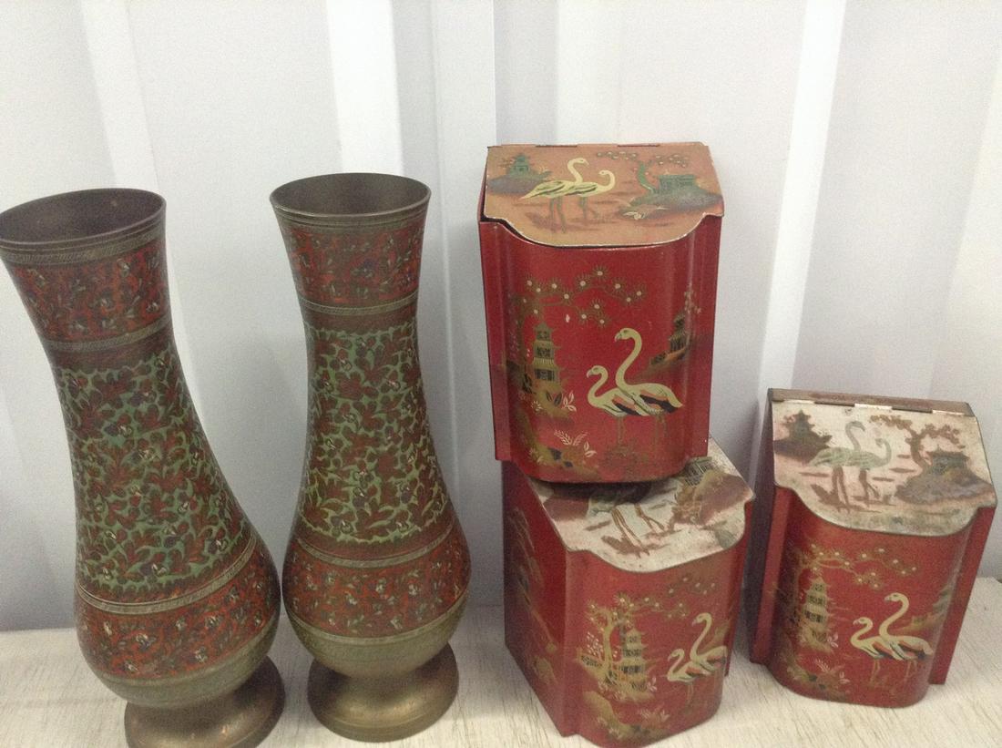 Lot of Baret Ware Art Grace Tin Cans and Brass Vases: Lot of Baret Ware Art Grace Tin Cans and Brass Vases