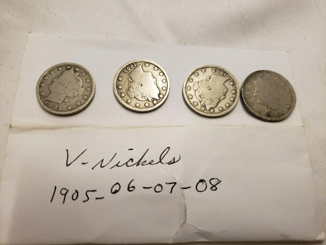 4 V-Nickels 1905, 1906, 1907, 1908 (1 of 1)