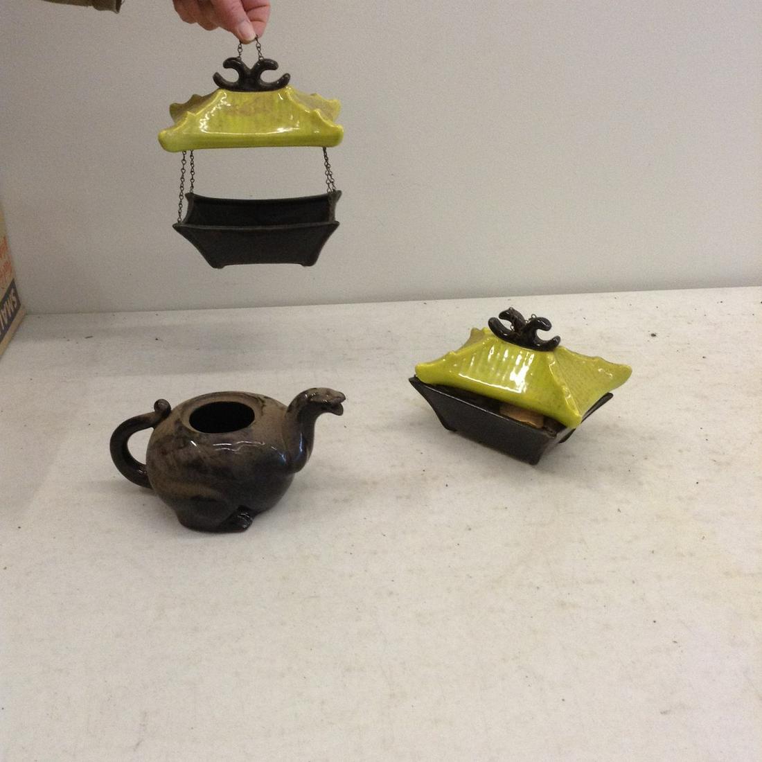 vintage covered dishes and tea pot: dish is 7x3