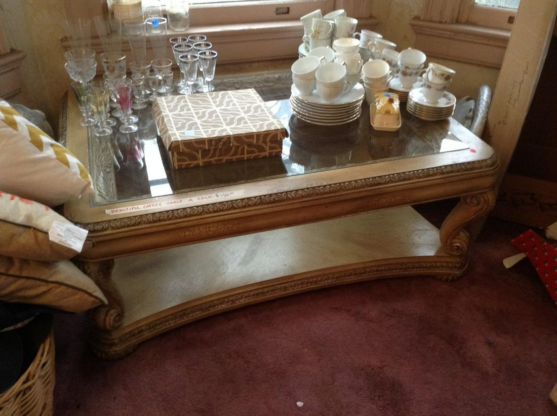 hand carved wooden and glass coffee table (1 of 1)