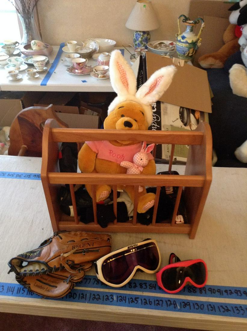 wooden magazine rack, baseball glove, ski mask and more (1 of 1)