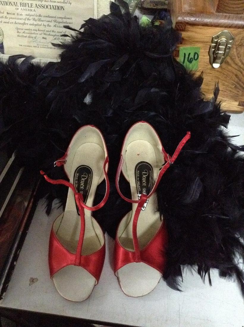 Pair Of Ladies Red Satin Dancing Shoes and Feather Boa (1 of 1)