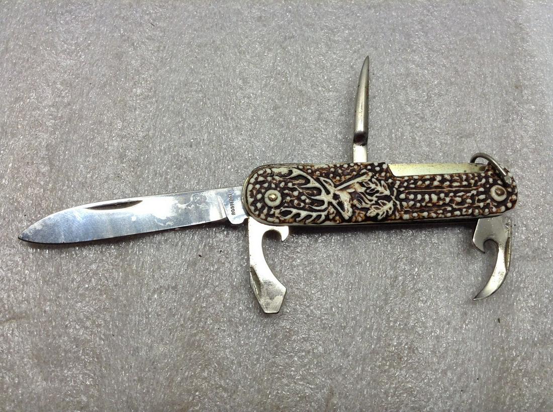Vintage German Pocket Knife Hand-Carved Bone Four Blade: Vintage German Pocket Knife Hand-Carved Bone Four Blade