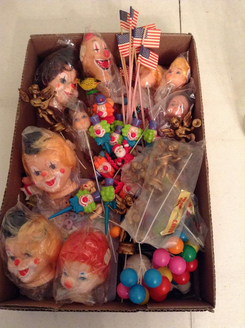 Box full of vintage clown heads, cake toppers and more: Box full of vintage clown heads, cake toppers and more